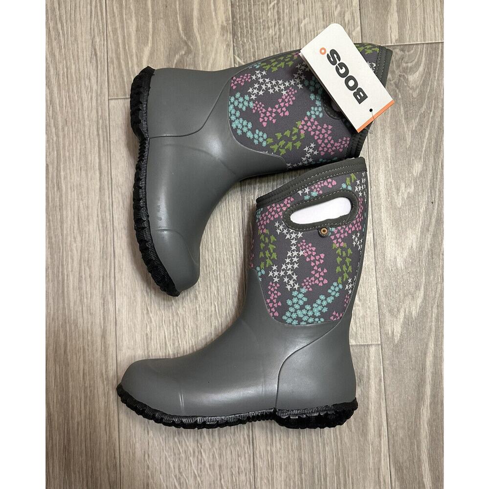 Bogs Youth York Star Heart Mid Calf Grey Pull On Rubber Rain Boots Sz 1 - Picture 2 of 9